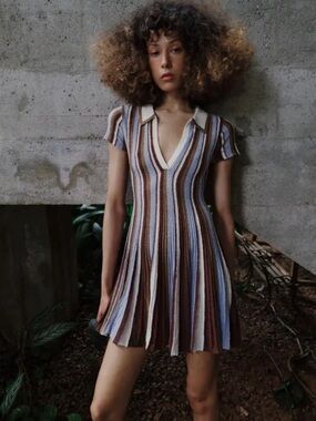 Zara Striped Polo Mini Dress in Brown, Blue, Cream